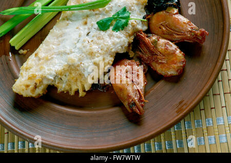 Pompano en Papillote cod with shrimp dish in New Orleans Stock Photo