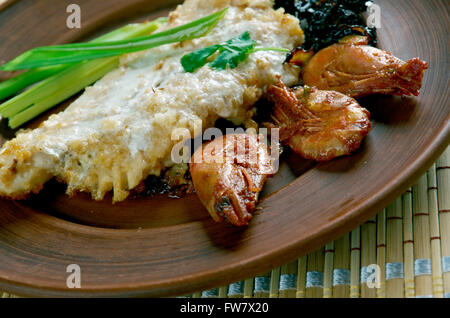 Pompano en Papillote cod with shrimp dish in New Orleans Stock Photo