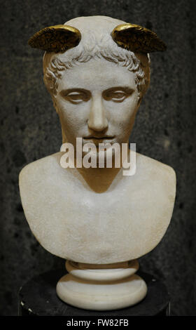 Head of Hermes, god of trade, guardian of roads and messenger of the gods. Marble. Roman work. 2nd c. AD. After the Greek original of the 340-420 BC. The State Hermitage Museum. Saint Petersburg. Russia. Stock Photo