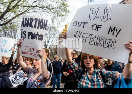 New York, USA. 31st March, 2016. Approximately 200 Pro Choice advocates rallied in Columbus Circle, outside Trump Hotel and Towers, to protest the republican presidential candidate's remarks that women who get 'illegal' abortions should be punished, and demand an apology. Abortion was legalized in all 50 States by the Surpreme Court decision on January 22, 1973. Credit:  Stacy Walsh Rosenstock/Alamy Live News Stock Photo