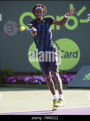 Key Biscayne, FL, USA. 31st Mar, 2016. Key Biscayne, FL - MARCH 31: Gael Monfils(FRA) in action here loses 64 36 67(3) to Kei Nishikori(JPN) during this Quarter Finals match at the 2016 Miami Open at the Crandon Tennis Center in Key Biscayne Florida. Credit:  Andrew Patron/ZUMA Wire/Alamy Live News Stock Photo