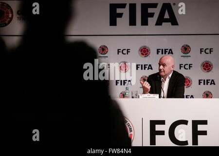 Bogota, Colombia. 31st Mar, 2016. The President of the International Federation of Association Football (FIFA) Gianni Infantino reacts during a press conference at the Colombian Football Federation headquarters in Bogota, Colombia, on March 31, 2016. © Jhon Paz/Xinhua/Alamy Live News Stock Photo