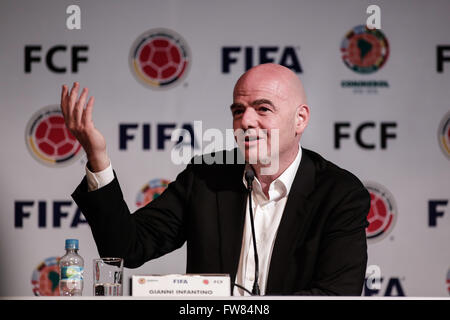 Bogota, Colombia. 31st Mar, 2016. The President of the International Federation of Association Football (FIFA) Gianni Infantino reacts during a press conference at the Colombian Football Federation headquarters in Bogota, Colombia, on March 31, 2016. © Jhon Paz/Xinhua/Alamy Live News Stock Photo