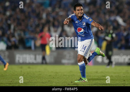 Bogota, Colombia. 31st Mar, 2016. Millonarios' David Macalister Silva celebrates scoring during the postponed match of the Aguila League of Colombian professional soccer, against Atletico Nacional, at Nemesio Camacho 'El Campin' stadium, in Bogota city, Colombia, on March 31, 2016. Millonarios won 2-1. © Jhon Paz/Xinhua/Alamy Live News Stock Photo