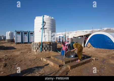 Refugees fetching water in a refugee camp in Northern Iraq Stock Photo