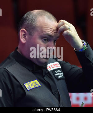 Beijing, China. 1st Apr, 2016. Stuart Bingham of England gestures during the match against compatriot Ricky Walden at the 2016 World Snooker China Open in Beijing, capital of China, April 1, 2016. Credit:  Li Wen/Xinhua/Alamy Live News Stock Photo