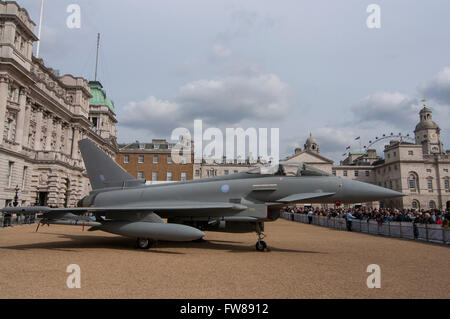 London, UK.  1 April 2016.  A Typhoon on display is seen as hundreds of aviation fans gather in Horse Guards Parade to await a fly-by by an RAF Typhoon on the 98th anniversary of the foundation of the RAF.  Credit:  Stephen Chung / Alamy Live News Stock Photo