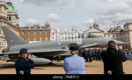London, UK.  1 April 2016.  Hundreds of aviation fans gather in Horse Guards Parade to watch a fly-by by an RAF Typhoon on the 98th anniversary of the foundation of the RAF.  Credit:  Stephen Chung / Alamy Live News Stock Photo