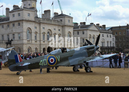 Horse Guards, London, UK. 1st April 2016. A Typhoon jet overhead. RAF 98th anniversary fly-by over Horse Guards. © Matthew Chatt Stock Photo