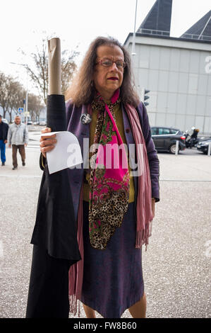 Paris, France, AIDS Activists, Act UP protest against Gilead Pharmaceuticals, to lower drug prices, front of Gilead France  (Helene) trans activist on street, Senior Woman Volunteer NGO Stock Photo