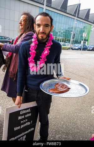 Paris, France, AIDS Activists, Act UP protest against Gilead Pharmaceuticals, to lower drug prices, front of Gilead France offices, HIV gay community, Sofosbuvir Stock Photo