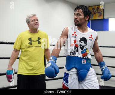 Hollywood, California, USA. 1st April, 2016. Manny Pacquiao works out with his trainer Freddie Roach on his upcoming fight with Timothy BradleyThe two will be fighting each other for the 3rd time Saturday, April 9, at the MGM Grand Garden Arena in Las Vegas, Nevada. 1st Apr, 2016. Photo by Gene Blevins/LA Daily News/ZumaPress Credit:  Gene Blevins/ZUMA Wire/Alamy Live News Stock Photo