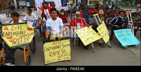 Kathmandu, Nepal. 2nd Apr, 2016. Earthquake survivors attend a 5km wheelchair race in Kathmandu, Nepal, April 2, 2016. The race is organized to support and encourage earthquake survivors and motivate them in the society. Credit:  Sunil Sharma/Xinhua/Alamy Live News Stock Photo