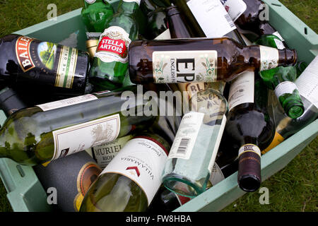 Empty wine & beer bottles in a crate ready for recycling Stock Photo
