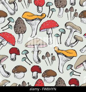 Hand-drawn mushrooms seamless pattern Stock Vector