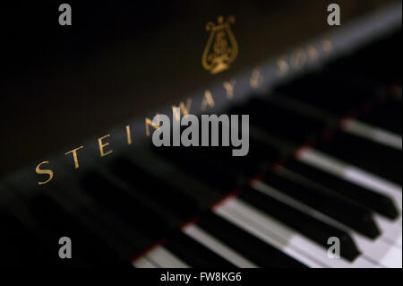 A Steinway grand piano famous for its quality and renowned throughout the world, we see here a detail of the compnay name in the black lacquered wood and also the keyboard of white and black keys. Stock Photo