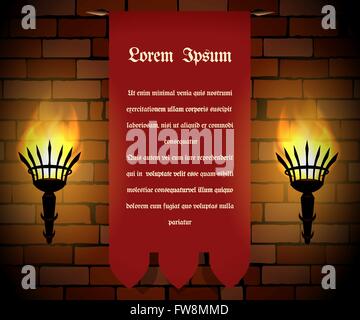 Torches and red banner with sample text on castle brick wall . Free font used. Stock Vector