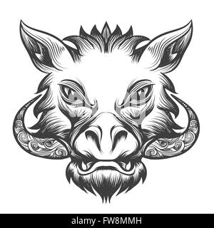 Boar head drawn in tattoo style. Isolated on white. Stock Vector