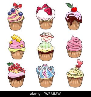 Set of nine colorful delicious cupcakes drawn in cartoon style. Isolated on white background. Stock Vector