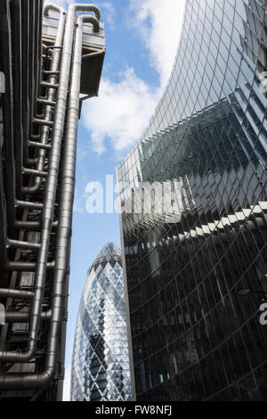 Lloyds Building and the Gherkin in the City of London, UK Stock Photo