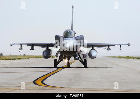 A Turkish Air Force modern F-16D Block 50+ Fighting Falcon equipped with conformal fuel tanks. These fuel tanks increase the ran Stock Photo