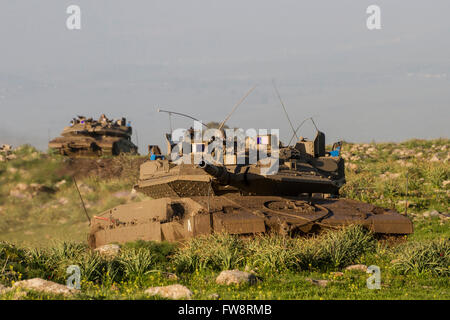 Merkava IV main battle tank with trophy defense system in the Golan Heights, Israel. Stock Photo