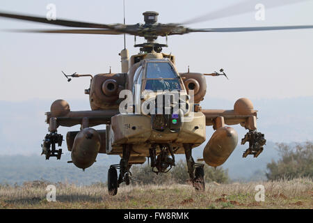 Front view of an AH-64D Saraf helicopter of the Israeli Air Force. Stock Photo