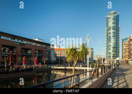 Sunny spring day at Gunwharf Quays in Portsmouth, Hampshire, England. Stock Photo