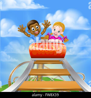 Cartoon boy and girl riding on a roller coaster ride at a theme park or amusement park Stock Photo