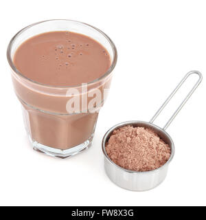 Chocolate whey protein drink with powder in a metal measuring scoop over white background. Stock Photo