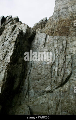 Slabs of slate like rock on a beach on the North Devon coast in the UK. The rock looks like it shines in the dull grey light and has been uplifted over millions of years so that the strat is nearly vertical instead of being horizontal as it would have been when the rock was formed. Stock Photo