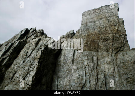 Slabs of slate like rock on a beach on the North Devon coast in the UK. The rock looks like it shines in the dull grey light and has been uplifted over millions of years so that the strat is nearly vertical instead of being horizontal as it would have been when the rock was formed. Stock Photo