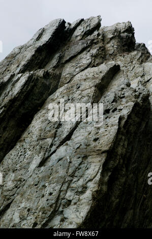 Slabs of slate like rock on a beach on the North Devon coast in the UK. The rock looks like it shines in the dull grey light and has been uplifted over millions of years so that the strat is nearly vertical instead of being horizontal as it would have been when the rock was formed. Stock Photo