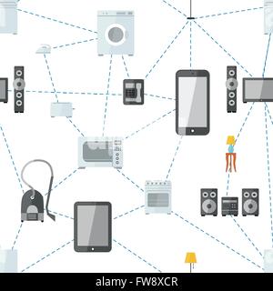 Mobile phone connected with house appliances, internet of things flat seamless pattern Stock Vector