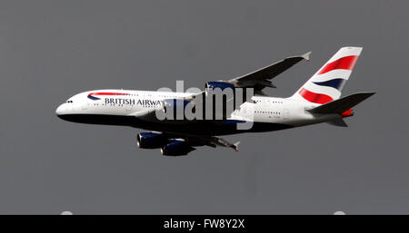 A British Airways Airbus A380 approaches Heathrow Airport, in London, Britain, April 1, 2016. Copyright photograph- John Voos Stock Photo