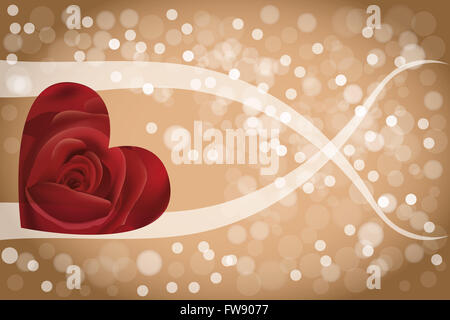 heart-shaped rose, translucent banner and bubbles on shimmering background Stock Photo