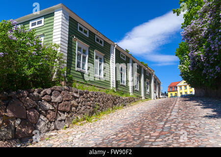 Porvoo, Finland - June 12, 2015: Street view of historical Finnish town Porvoo, facades of wooden living houses Stock Photo