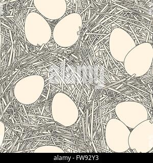 Seamless pattern made of eggs on straw background Stock Vector