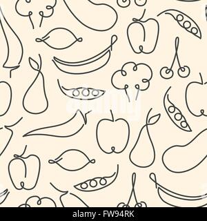 Seamless pattern made of one line fruits and vegetables illustration Stock Vector