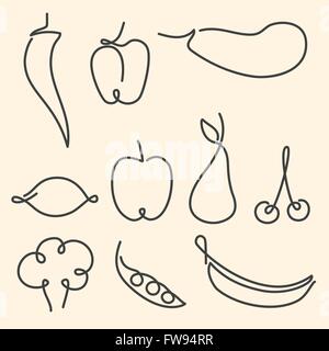 Set of one line fruits and vegetables illustration Stock Vector