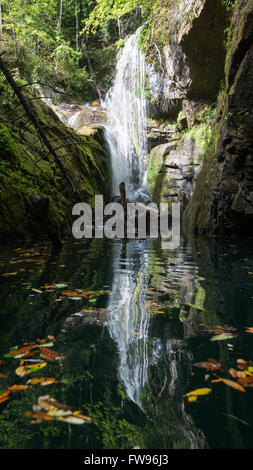 Waterfall at Lake Jocassee during pontoon boat tour. Stock Photo