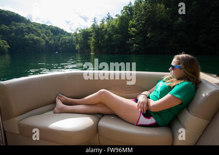 Lake Jocassee pontoon boat waterfalls tour in Upstate South Carolina. Stock Photo