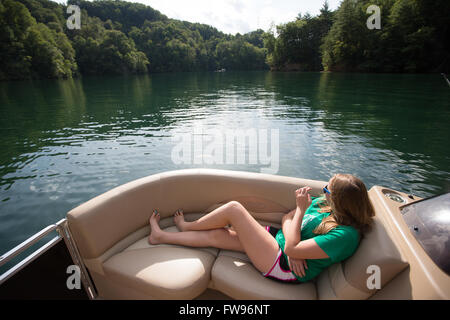 Lake Jocassee pontoon boat waterfalls tour in Upstate South Carolina. Stock Photo