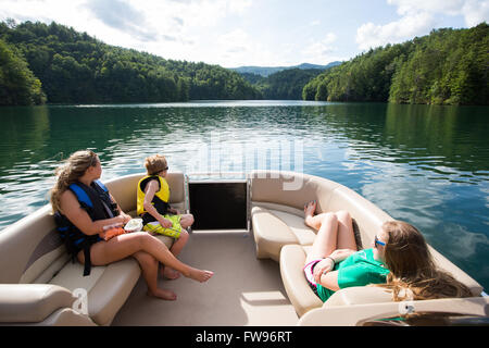 Lake Jocassee pontoon boat waterfalls tour in Upstate South Carolina. Stock Photo
