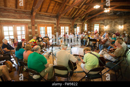 Music on the Mountain bluegrass jam at Table Rock State Park in South Carolina. Stock Photo