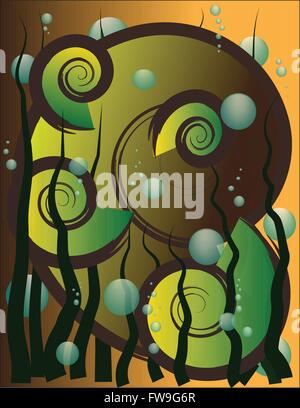 five water-snails under water with bubbles and grass Stock Vector