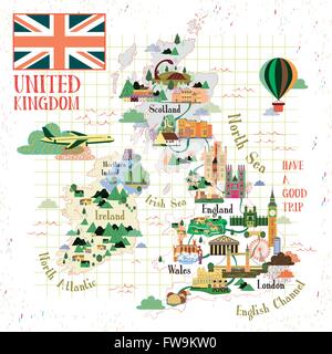 lovely United Kingdom travel map with famous attractions Stock Vector