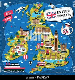 lovely United Kingdom travel map design with attractions Stock Vector