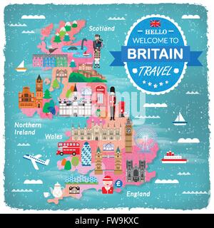 lovely United Kingdom travel map design with attractions Stock Vector