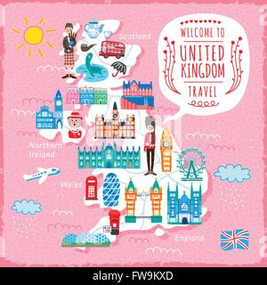 lovely United Kingdom travel map design with attractions Stock Vector